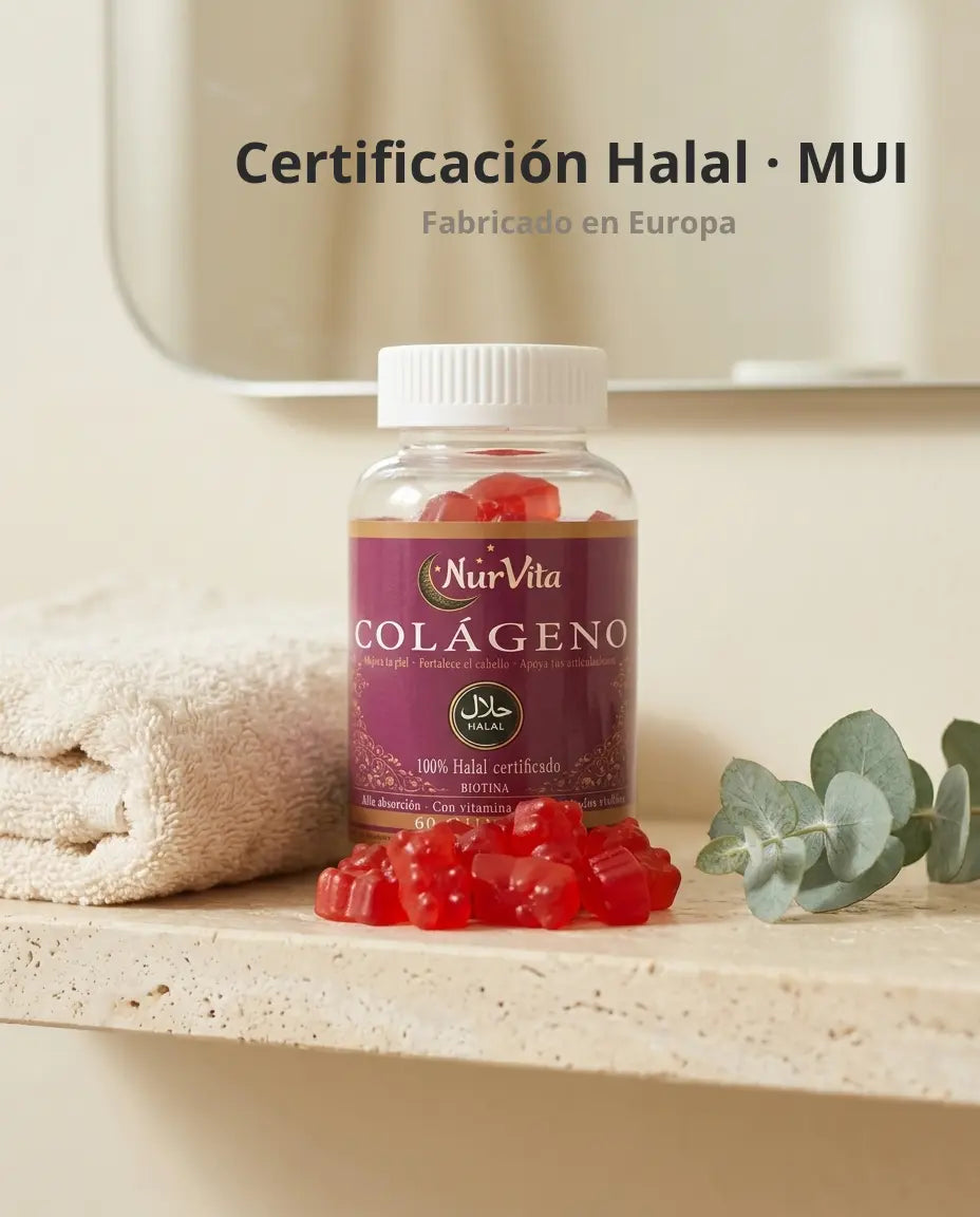 Bote de Colageno de NurVita en un bano, certificacion halal MUI, fabricado en Europa