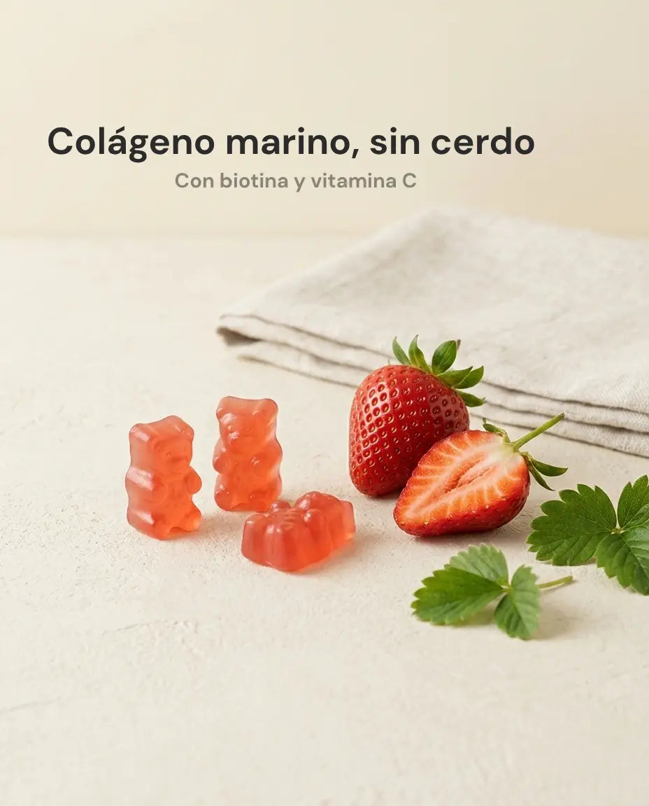 Gominolas de Colageno marino de NurVita con fresas frescas, con biotina y vitamina C