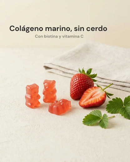 Gominolas de Colageno marino de NurVita con fresas frescas, con biotina y vitamina C