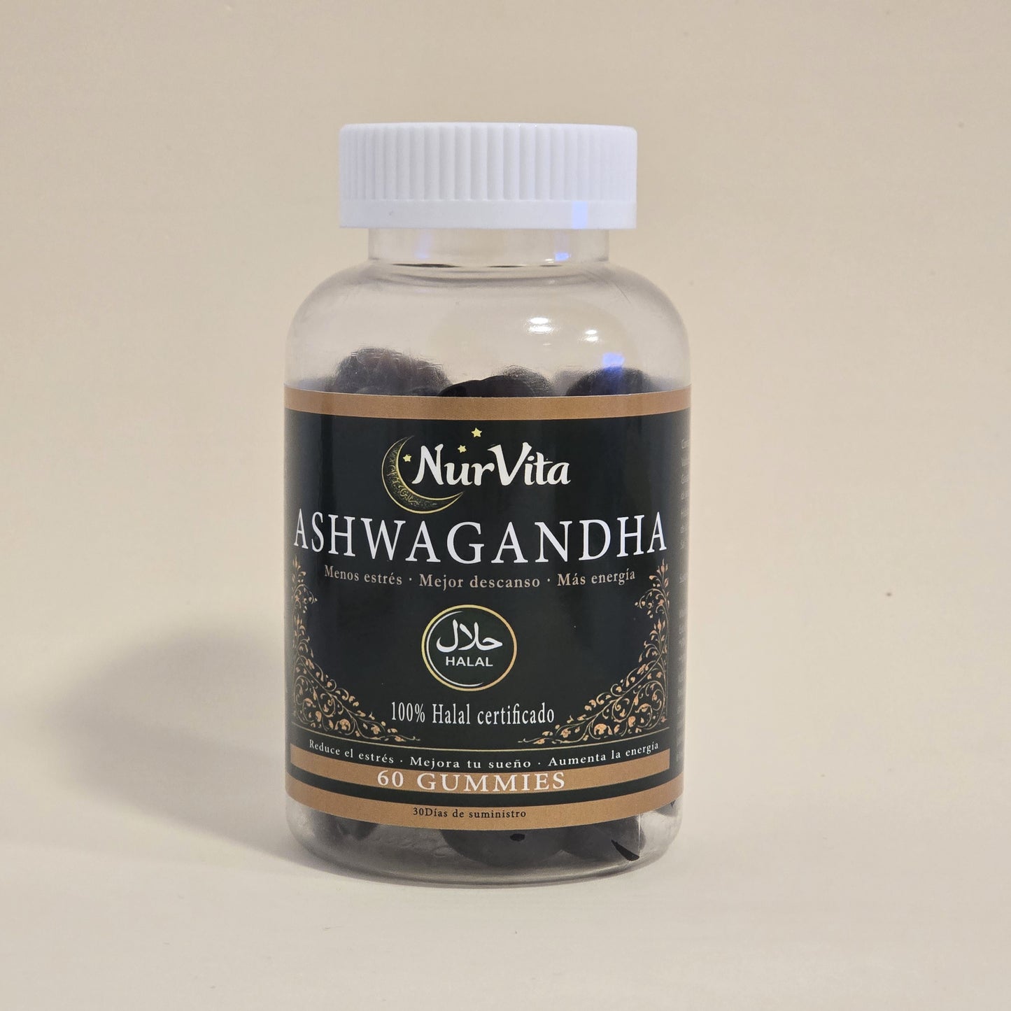 Gummies de ahwagandha halal NurVta, bote de 60 unidades, sabor frutos del bosque