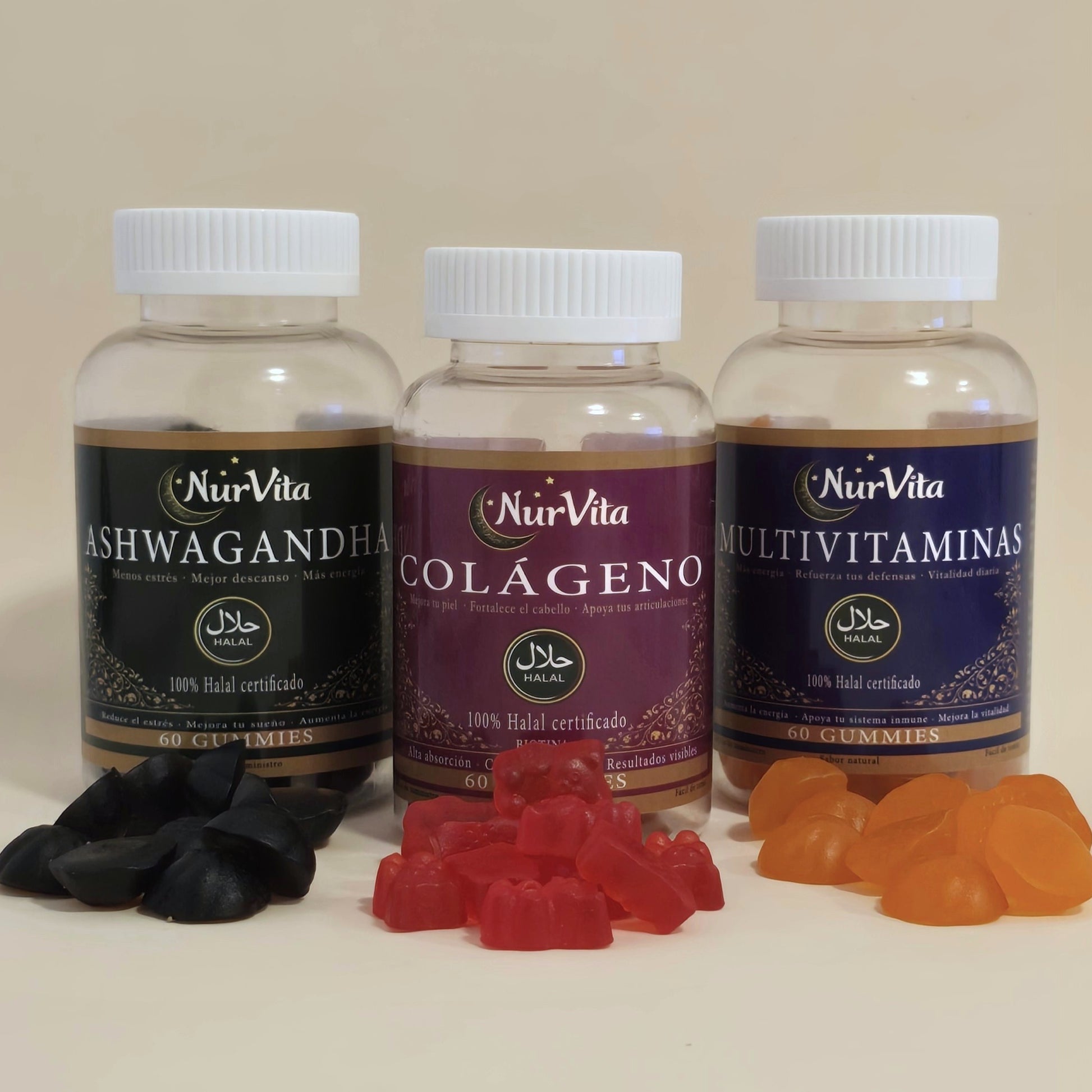 Pack 3 botes gummies halal NurVita: ashwagandha, colágeno y multivitaminas