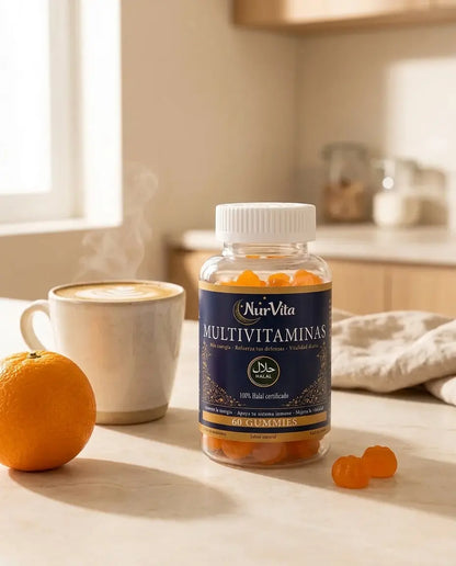 Bote de multivitaminas NurVita en una cocina, rutina diaria con cafe y naranja