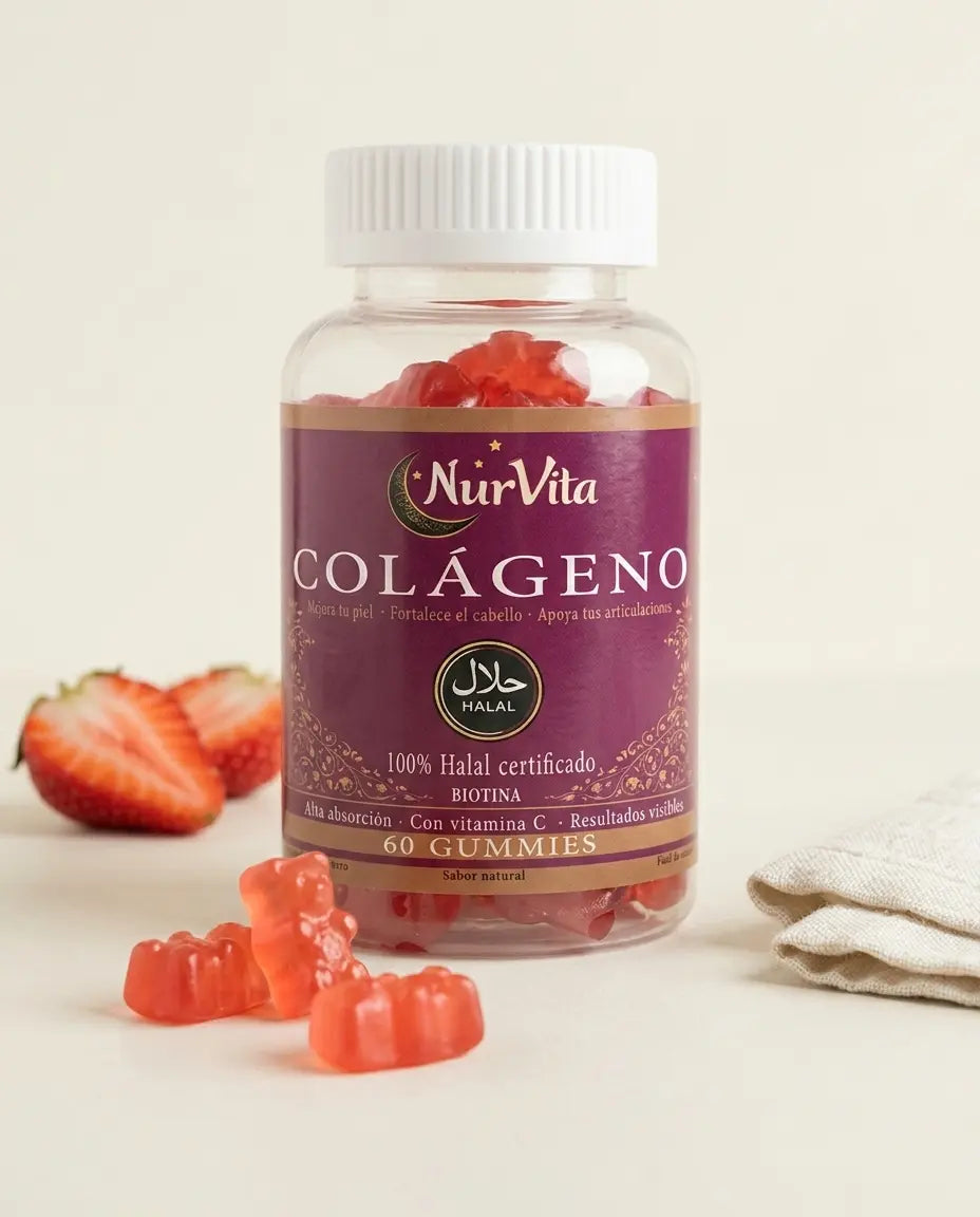 Bote de gummies de Colageno marino halal de NurVita, 60 gominolas, con fresas