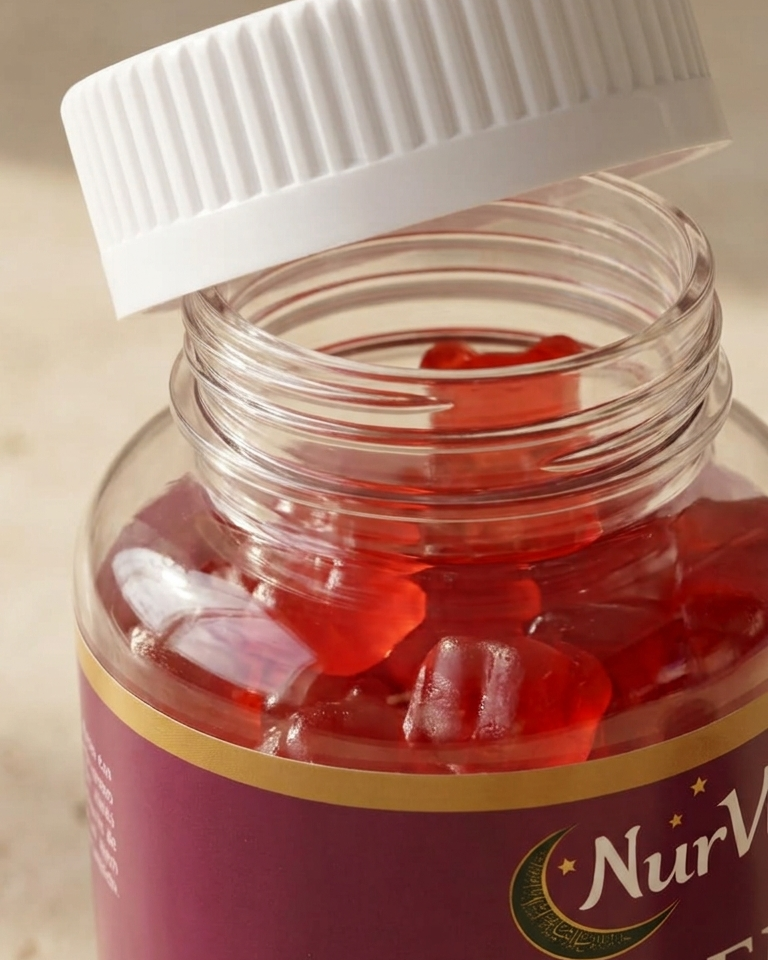 Bote abierto de gummies de Colageno de NurVita, gominolas rojas sabor fresa