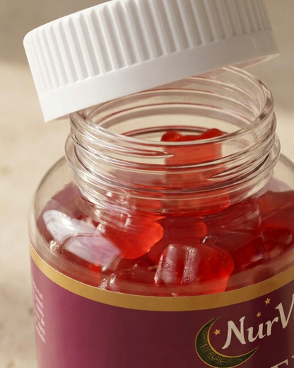 Bote abierto de gummies de Colageno de NurVita, gominolas rojas sabor fresa